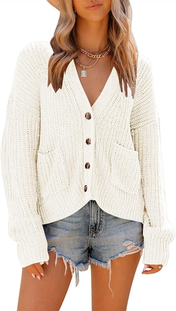 YIBOCK Women's Button Down Long Sleeve Lightweight Cardigans Loose Knit Short Sweater | Amazon (US)