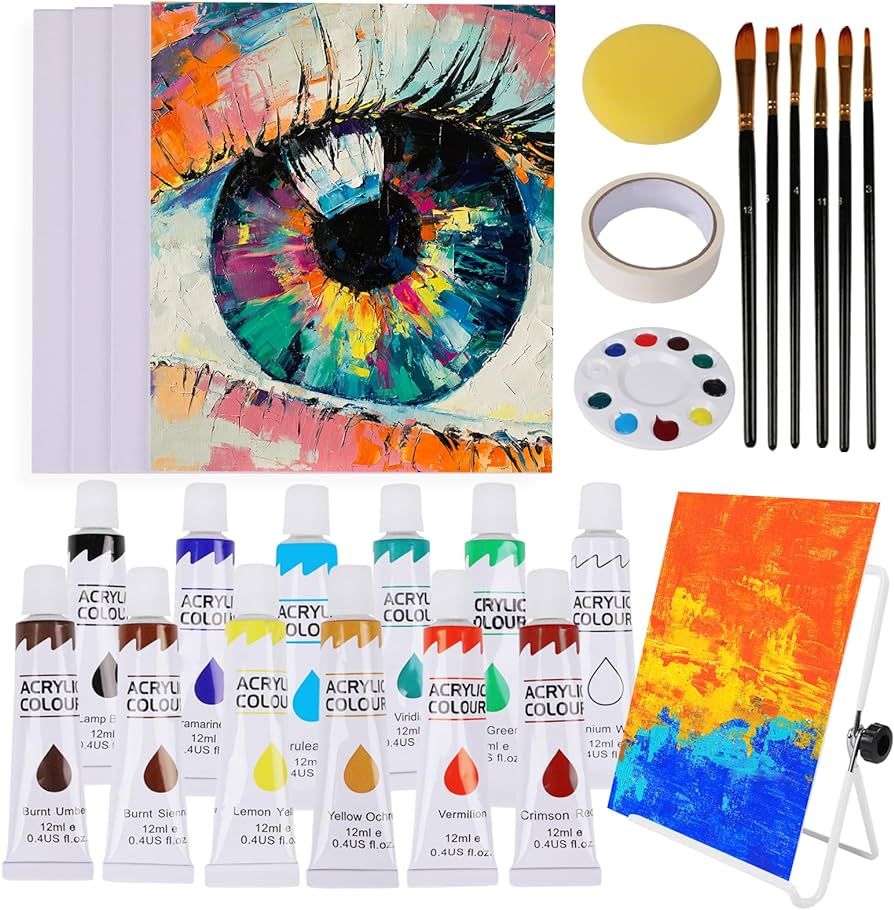HTVRONT Acrylic Paint kit, Painting Kit for Kids, with 6 Paint Brushes & 4 Canvases, 12 Colors (1... | Amazon (US)