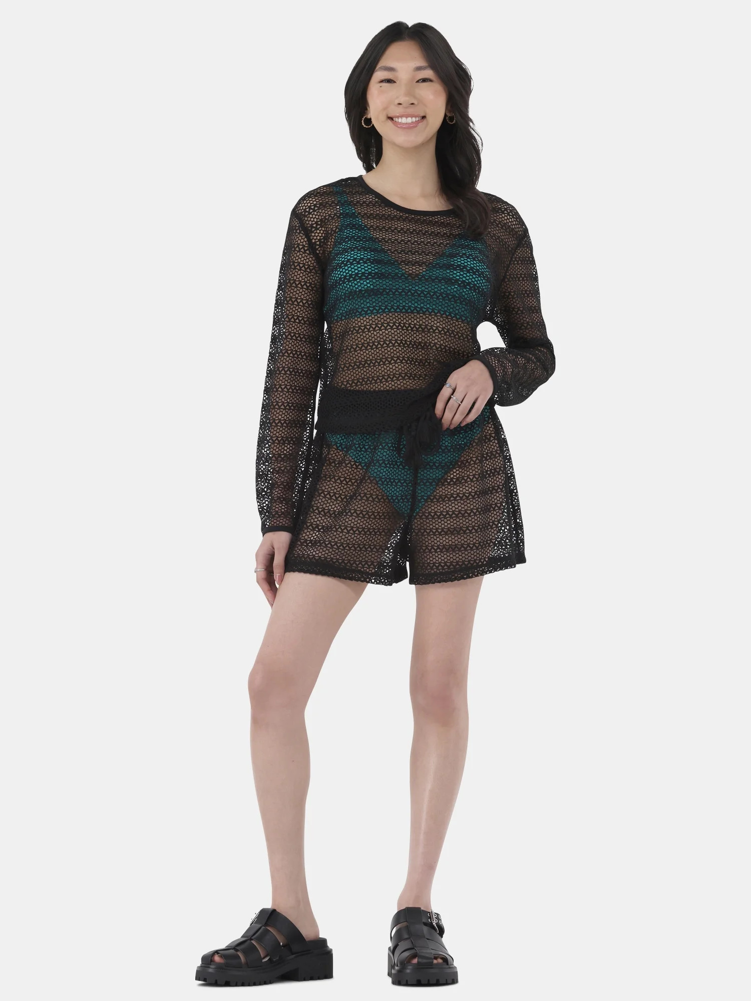 No Boundaries Women's Tie Front Crochet Shorts Coverup, Sizes XXS - XL | Walmart (US)