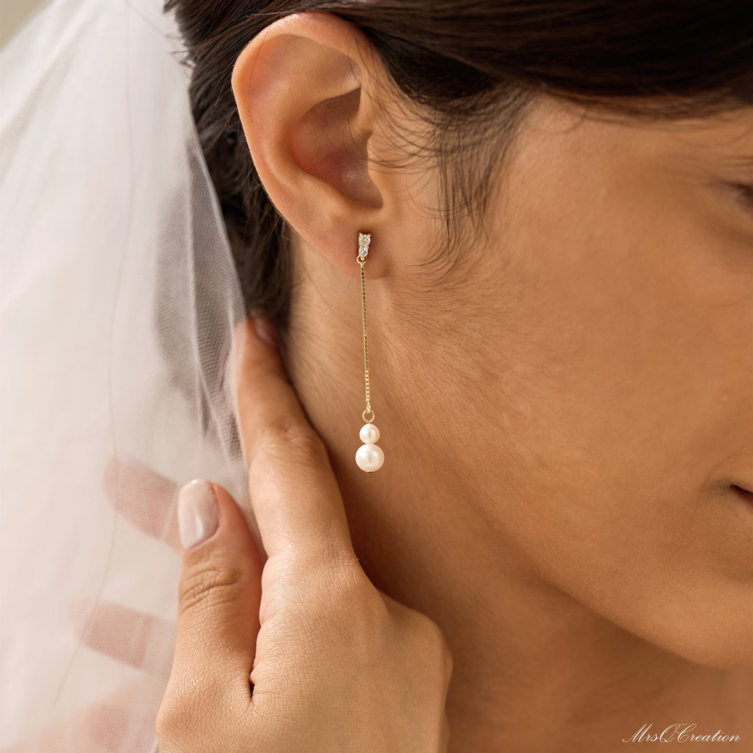 Sterling Silver Pearl Drop Earrings With Diamond, Dainty Freshwater Pearl Earrings, Diamond Drop ... | Etsy (US)