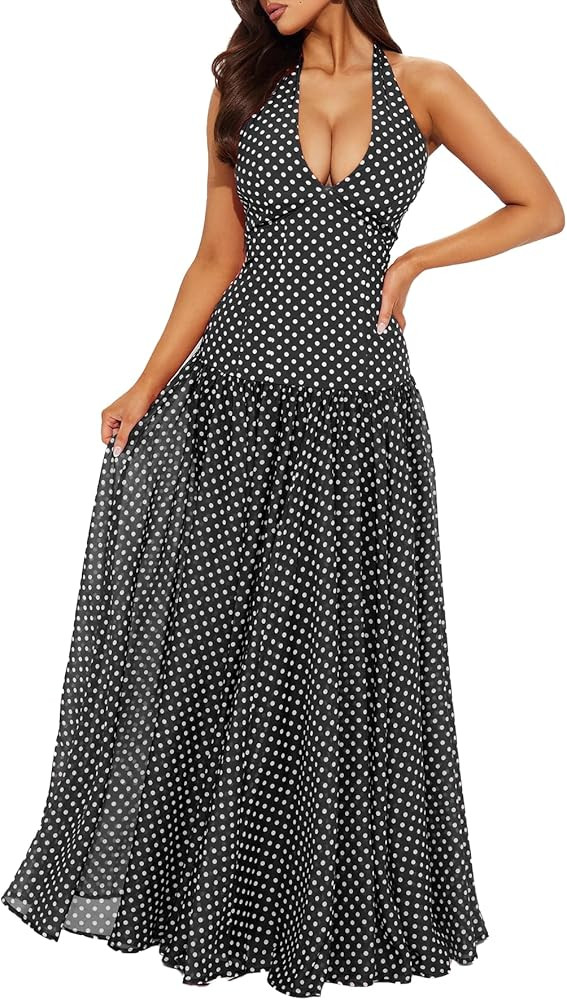 Women's Polka Dot Maxi Dress Halter Neck Sleeveless Drop Waist Flowy Summer Wedding Beach Sundres... | Amazon (US)