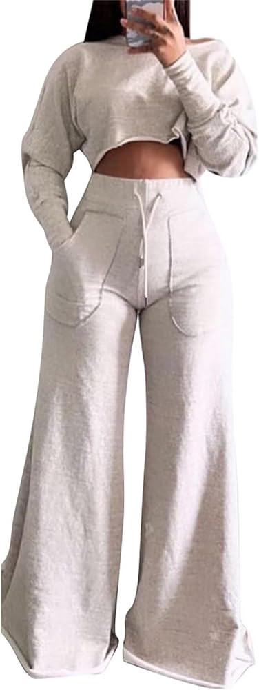 LROSEY Womens Sweatsuits 2 Piece Set Outfits Summer Long Sleeve Crop Tops High Waisted Wide Leg P... | Amazon (US)