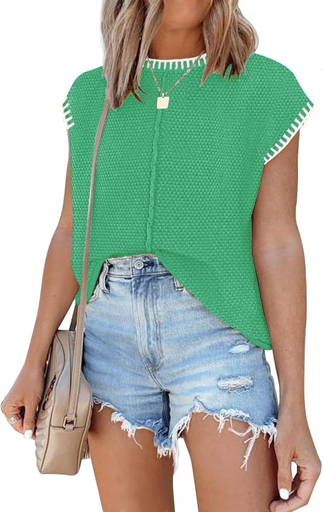 Waffle Knit Sweater Shirts for Women Cap Sleeve Summer Tops Basic Tank Tops | Amazon (US)