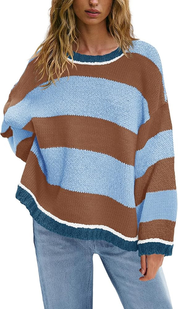 Nirovien Womens Oversized Sweater Colorblock Striped Sweater Chunky Cable Knit Crewneck Pullover ... | Amazon (US)