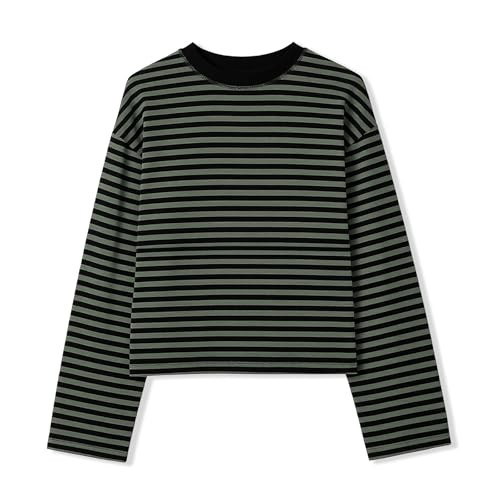 Y2k Womens Striped Tee Shirt Long Sleeve Crop Top Drop Shoulder Stripe Cropped Sweaters Sweatshirt Fairy Grunge Streetwear | Amazon (US)