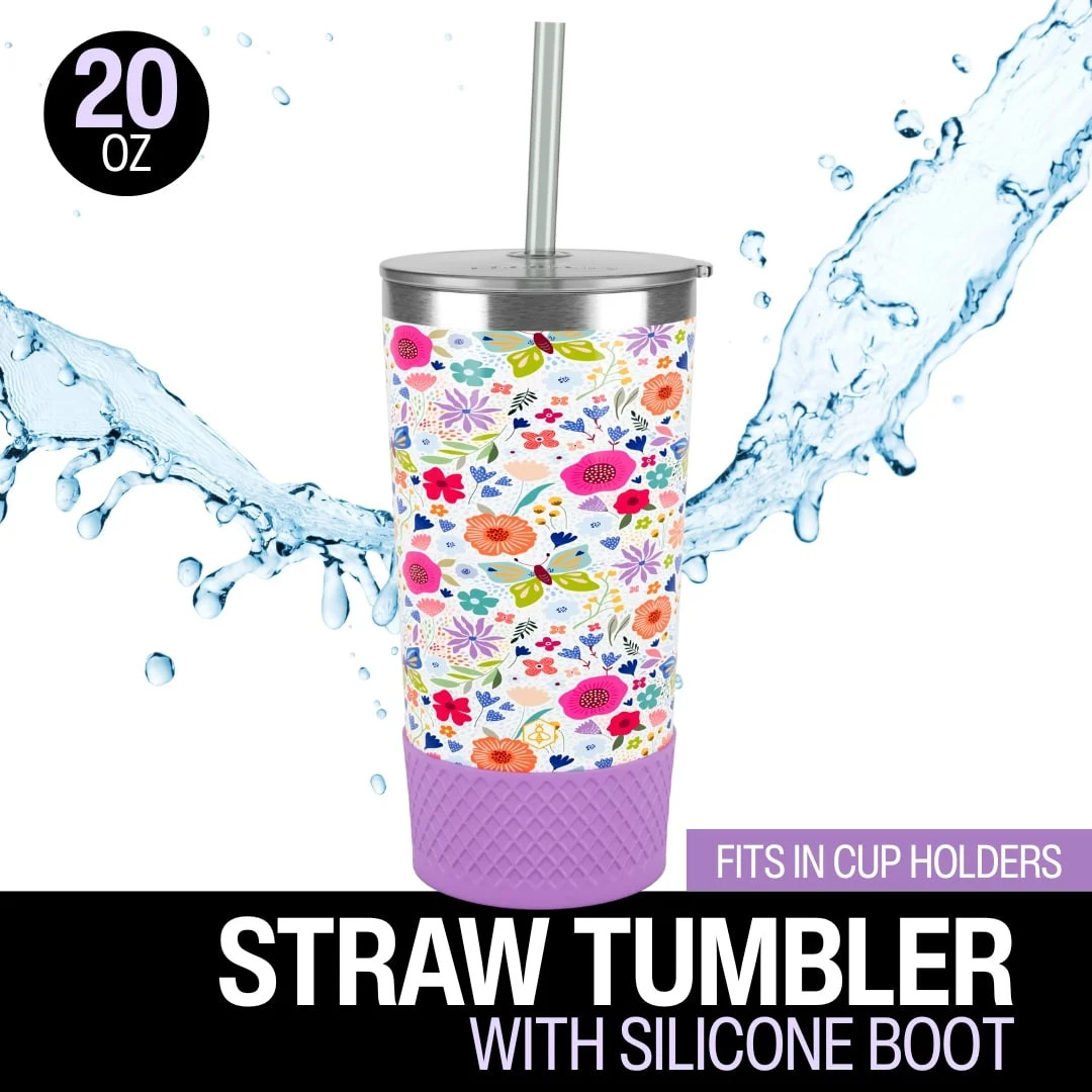 Biddlebee 20oz Insulated Stainless Steel Tumbler with Straw and Silicone Boot, Garden Blooms | Walmart (US)