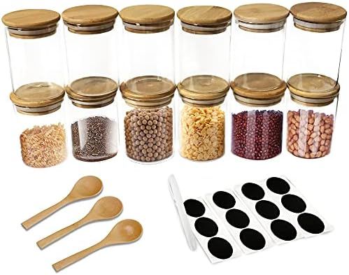 12 Piece Glass Jars with Natural Bamboo Lids with 3 Bamboo Spoons for Home Kitchen 8oz - Tea, Flo... | Amazon (US)