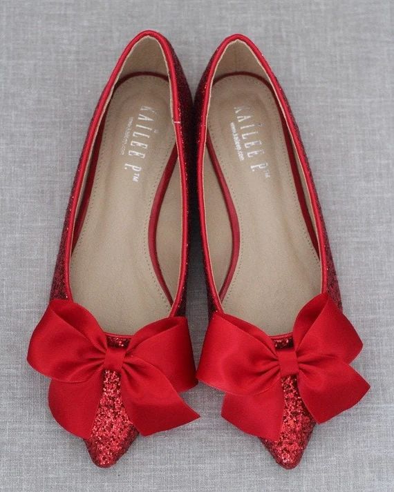 Red Rock Glitter Pointy Toe Flats with Oversized SATIN BOW | Etsy | Etsy (US)