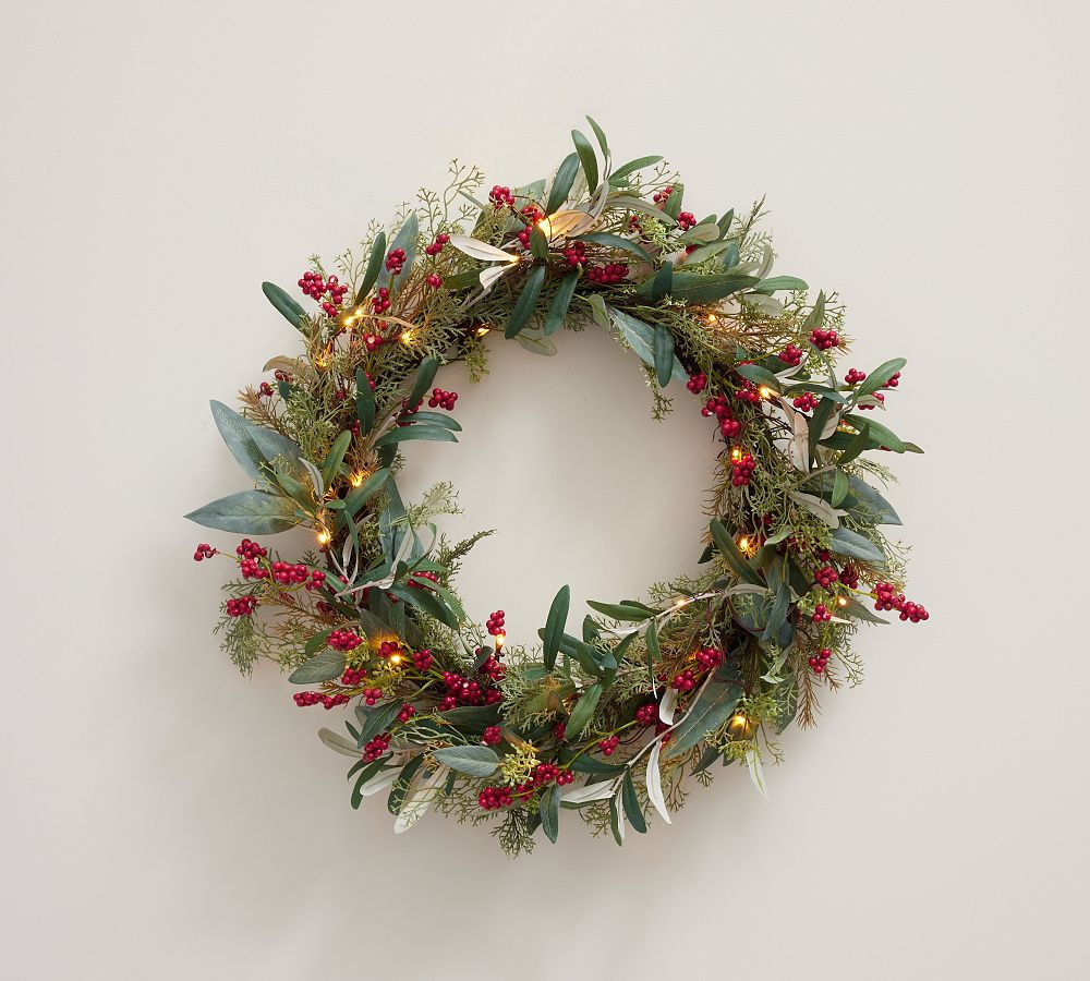 Lit Faux Eucalyptus and Berry Holiday Wreath, 28"", Red & Green | Pottery Barn (US)