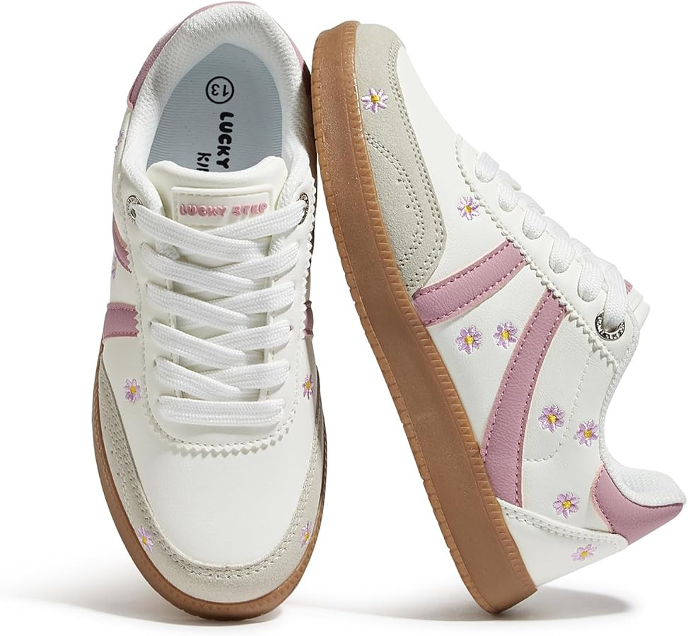 LUCKY STEP Kids Classic Retro Tennis Sneakers Fashion Gum Sole Casual Floral Embroidery Walking S... | Amazon (US)