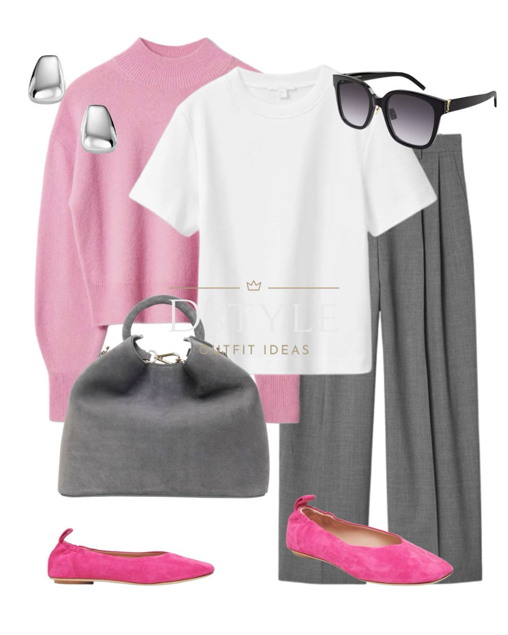 Pink wool-blend sweater, white t-shirt, grey twill wide-leg trousers/ pants, suede grey bag, fuchsia suede ballet flats 

 #LTKStyleTip #LTKWorkwear #LTKShoeCrush