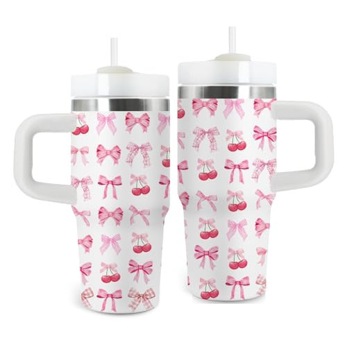 Bow Gifts for Girls - 14oz Pink Kids Bowknot Themed Tumbler with Handle and Straw, Stainless Steel Insulated Water Cup, for Sport, School, Travel - Cute Pink Bow Themed Children Birthday Gift Cup(1pc) | Amazon (US)