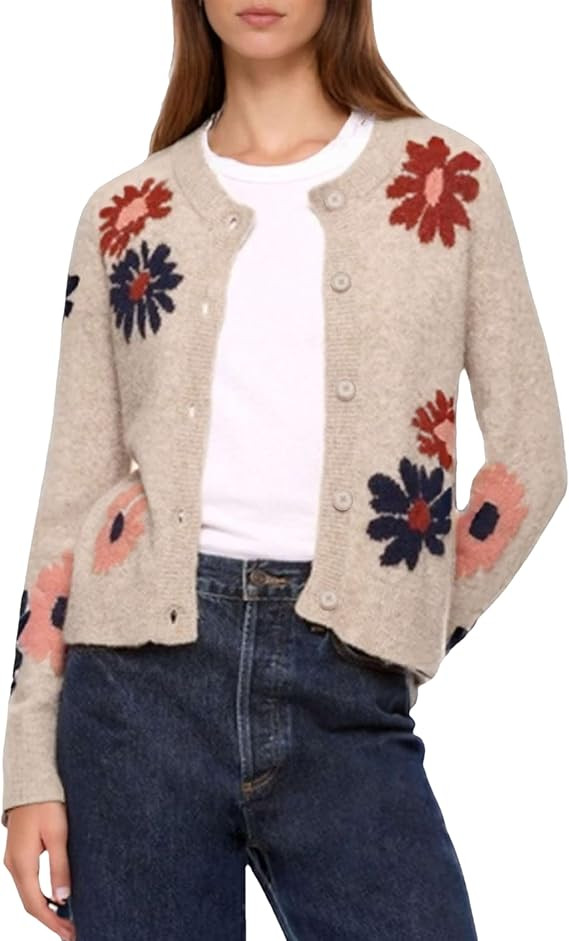 Cardigan Sweaters for Women Cropped Button Down Sweater Long Sleeve Crew Neck Knit Floral Print O... | Amazon (US)
