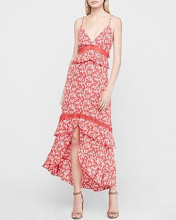 Printed Lace Pieced Tiered Hi-lo Maxi Dress | Express