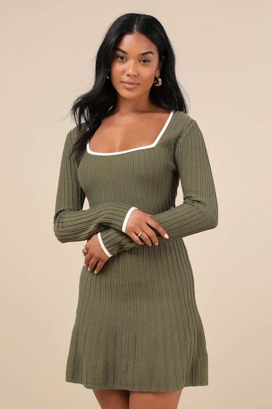 Cute Simplicity Olive Green Textured Mini Sweater Dress | Lulus