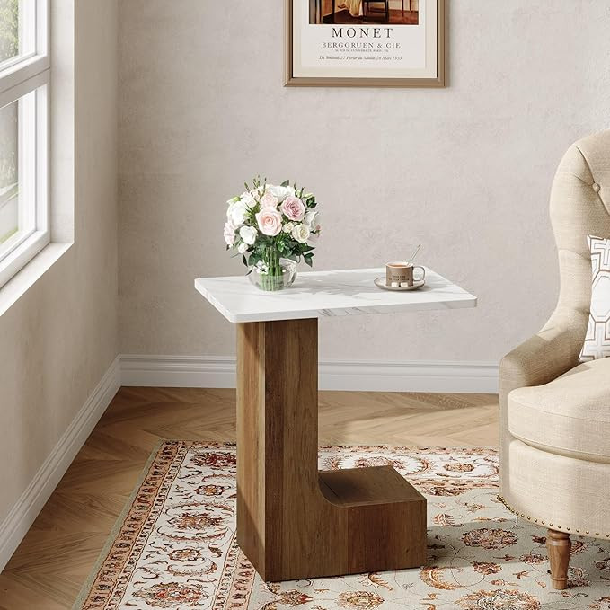 Tribesigns C-Shaped End Table, Industrial C Table for Sofa with Faux Marble Tabletop, 2-Tier Beds... | Amazon (US)