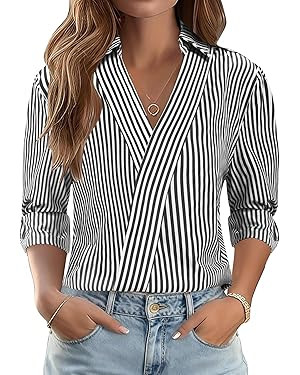 LOMON 3/4 Length Sleeve Womens Tops Dressy V Neck Collared Shirts Trendy Business Casual Work Blo... | Amazon (US)