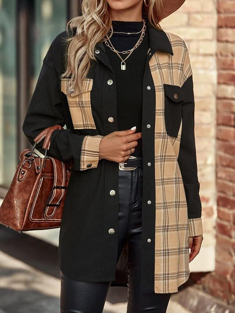 Laqeyko Women Button Down Shirts Flannel Plaid Shacket Long Sleeve Collared Long Jacket | Amazon (US)