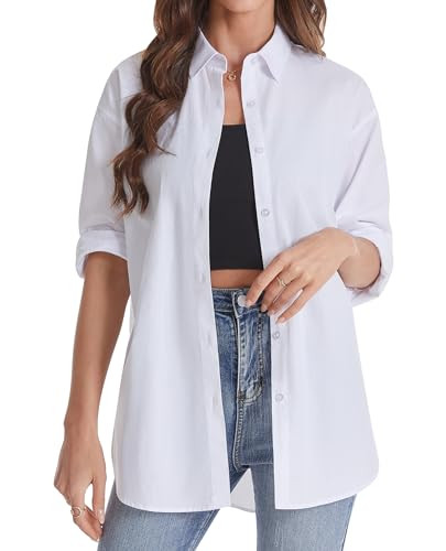 J.VER Oversized Button Up Shirts Women Office Casual Lightweight Cotton Blouse Loose Long Sleeve Boyfriend Tops White | Amazon (US)