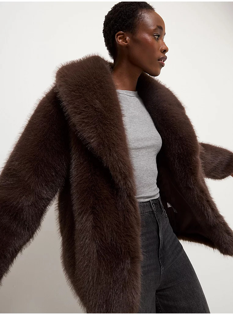 Brown Faux Fur Oversized Short Coat | George at ASDA