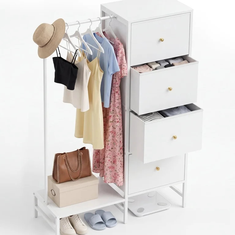 Dresser with Hanging Rack, 4 Drawers Small Closet for Bedroom, Reversible Fabric Kids Chest of Dr... | Walmart (US)