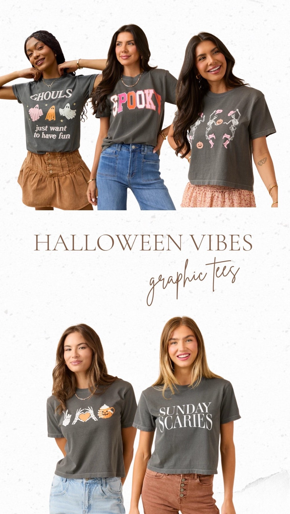 Halloween graphic tees! I love a good graphic tee with a skirt, overalls, jeans, or joggers for fall. These Pink Lily ones are perfect! #pinklilypartner #halloweenstyle #halloween #fallstyle

#LTKFindsUnder50 #LTKMidsize #LTKSeasonal