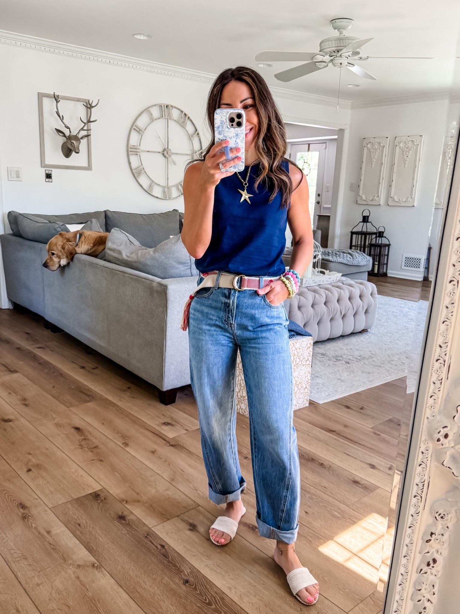 Jeans size down to a 24. Navy blue tank top XS petite. Sandals TTS. Jewelry code
JUNEVIP or HOUSEOFLEO20. Boyfriend jeans. Pistola jeans

#LTKOver40 #LTKPetite
