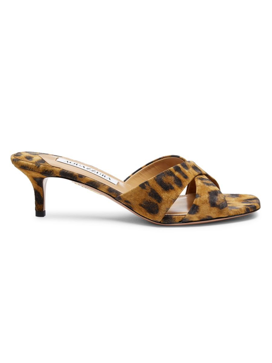 Shop Aquazzura Divine 50MM Leopard Suede Mules | Saks Fifth Avenue | Saks Fifth Avenue