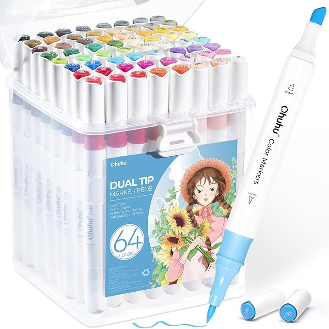 Ohuhu Markers for Adult Coloring Books: 64 Colors Art Markers Dual Brush Chisel Tips Drawing Pens... | Amazon (US)