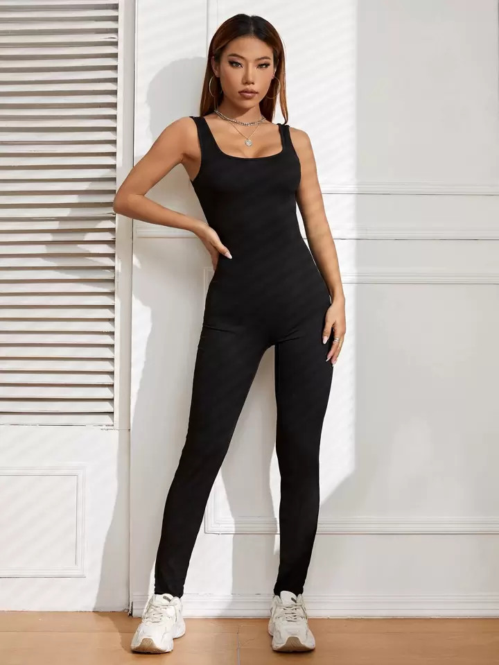 SHEIN X Rybka Twins SHEIN EZwear Solid Straps Unitard Jumpsuit | SHEIN