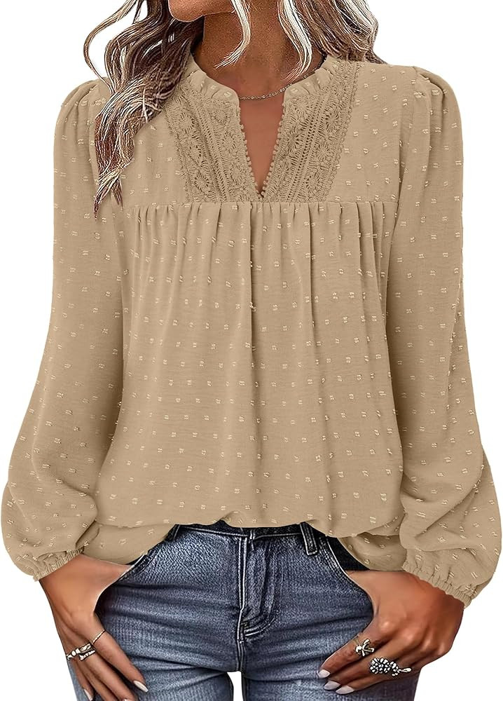 BETTE BOUTIK Women Boho Long Sleeve Shirts Dressy Casual V Neck Fall Fashion Tops Swiss Dot Flowy... | Amazon (US)