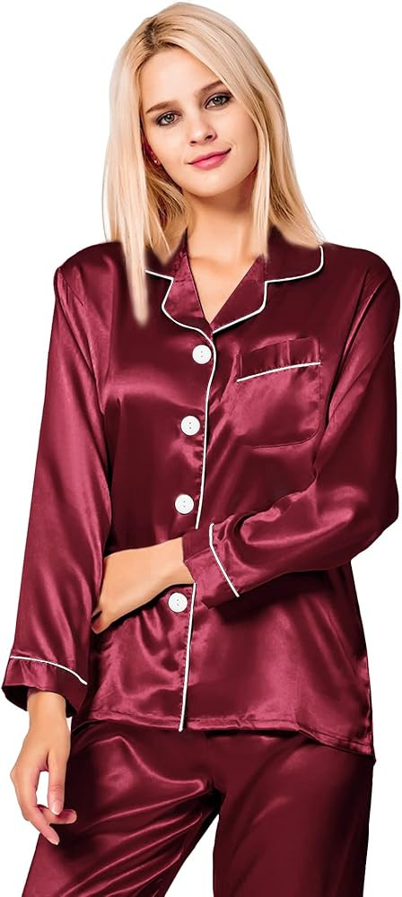 SWOMOG Womens Silk Satin Pajamas Loungewear Two-piece Sleepwear Button-Down Pj Set | Amazon (US)