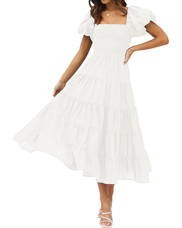 ZESICA Women's 2024 Summer Square Neck Short Puff Sleeve Solid Color High Waist Casual Smocked Fl... | Amazon (US)