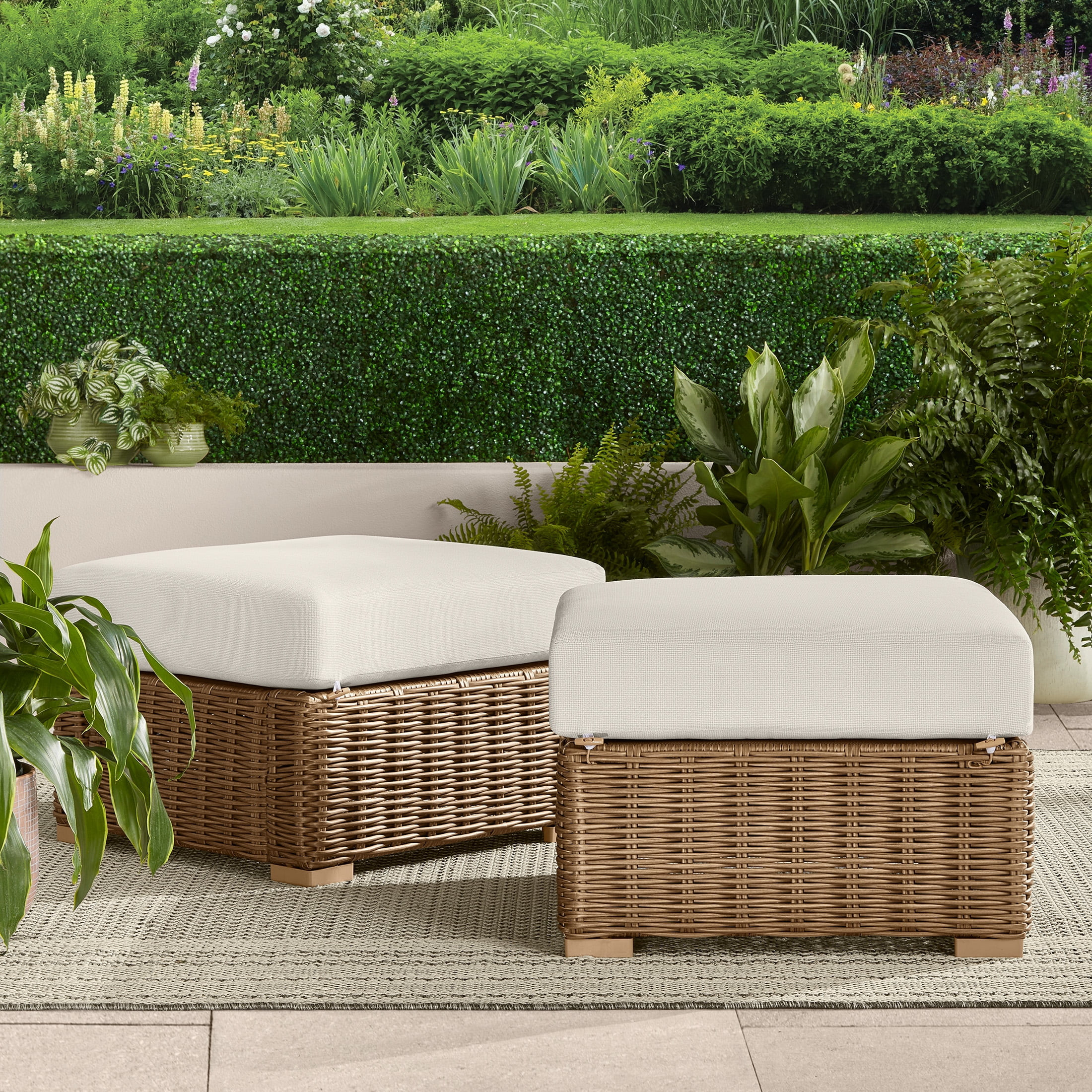 Better Homes & Gardens Bellamy Outdoor 2pk Ottomans, Natural Wicker/Cream Cushion | Walmart (US)