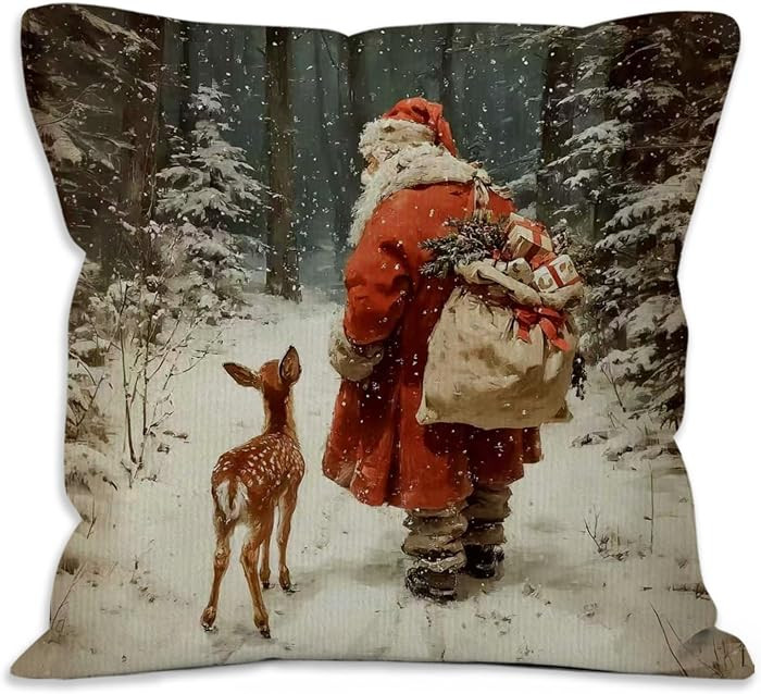 Vintage Christmas Santa Deer Reindeer Throw Pillow Covers 18x18, Winter Santa and Reindeer Decora... | Amazon (US)