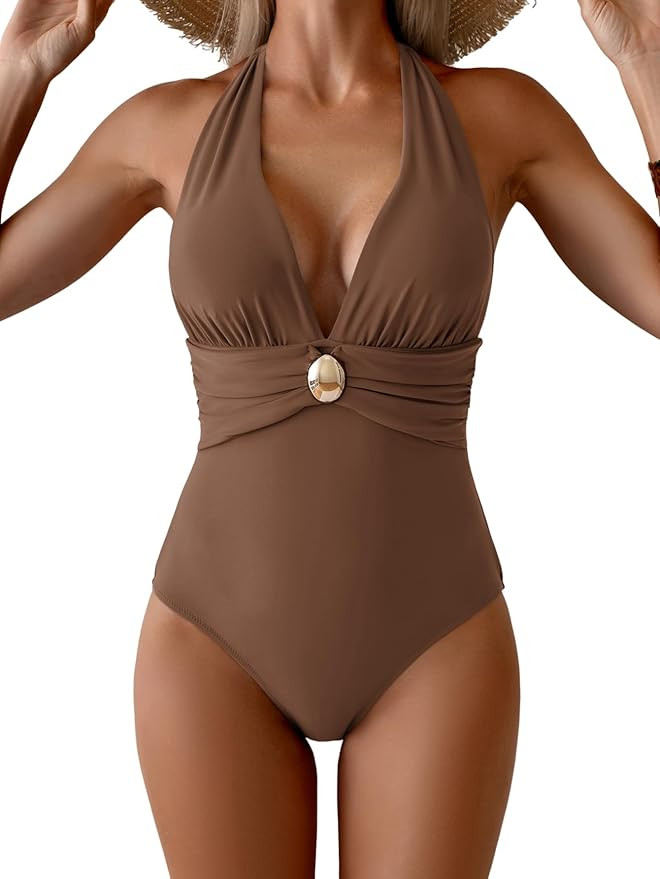 Women's One Piece Swimsuit Sexy Halter V Neck Bathing Suit Tummy Control Ruched Metal Swim Suit | Amazon (US)
