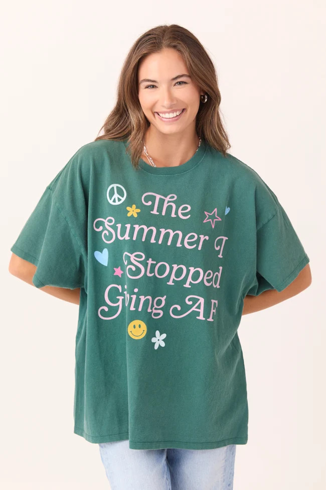 The Summer I Stopped Giving AF Dark Green Oversized Graphic Tee | Pink Lily