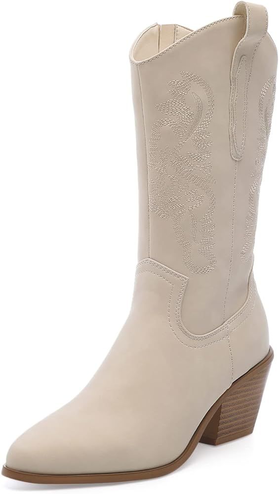 YETIER Cowboy Boots for Women Embroidered Western Booties Modern Cowgirl Mid Calf Boots Fashion Retr | Amazon (US)