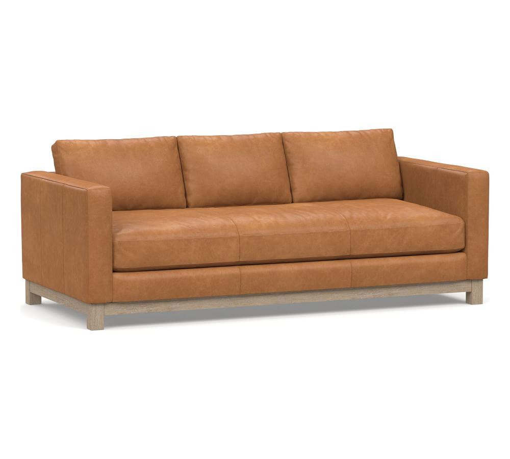 Jake Leather Sofa 85" with Wood Legs, Down Blend Wrapped Cushions Churchfield Camel | Pottery Barn (US)