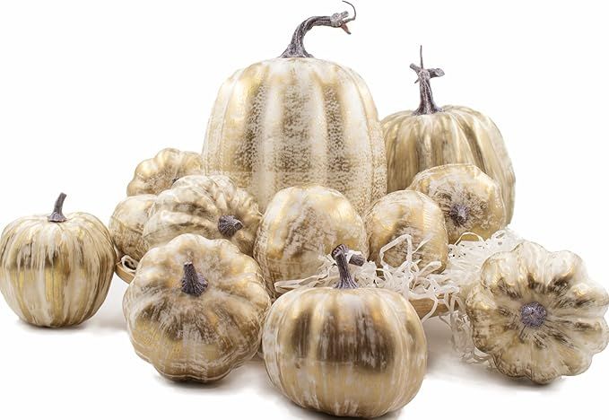 Gold Pumpkins, 12 PCS Thanksgiving Table Decorations for Home, Golden Brushed Rustic Artificial P... | Amazon (US)