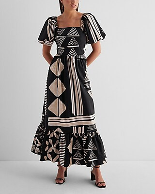 Printed Square Neck Puff Sleeve Tiered Poplin Midi Dress | Express