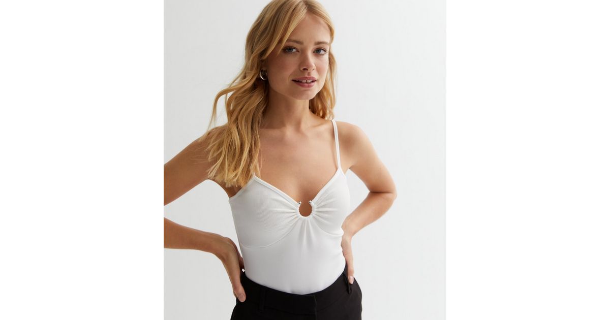 White Ribbed Jersey Strappy Ruched Bodysuit | New Look | New Look (UK)