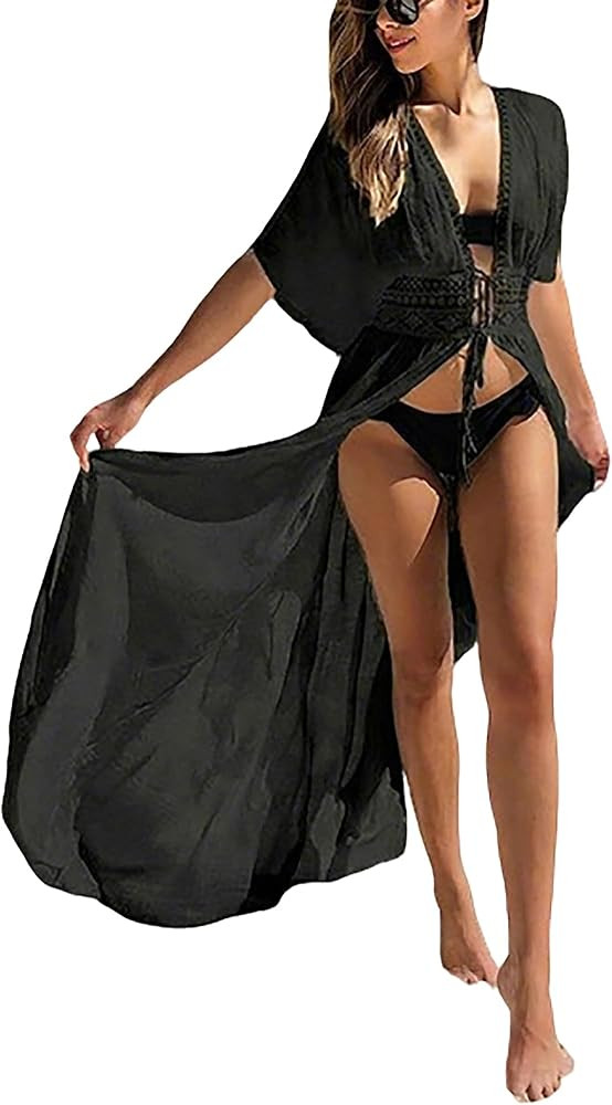 Bsubseach Beach Coverup Women Bathing Suit Tie Front Long Coverups Lace Kimonos Sexy Swimsuit Res... | Amazon (US)
