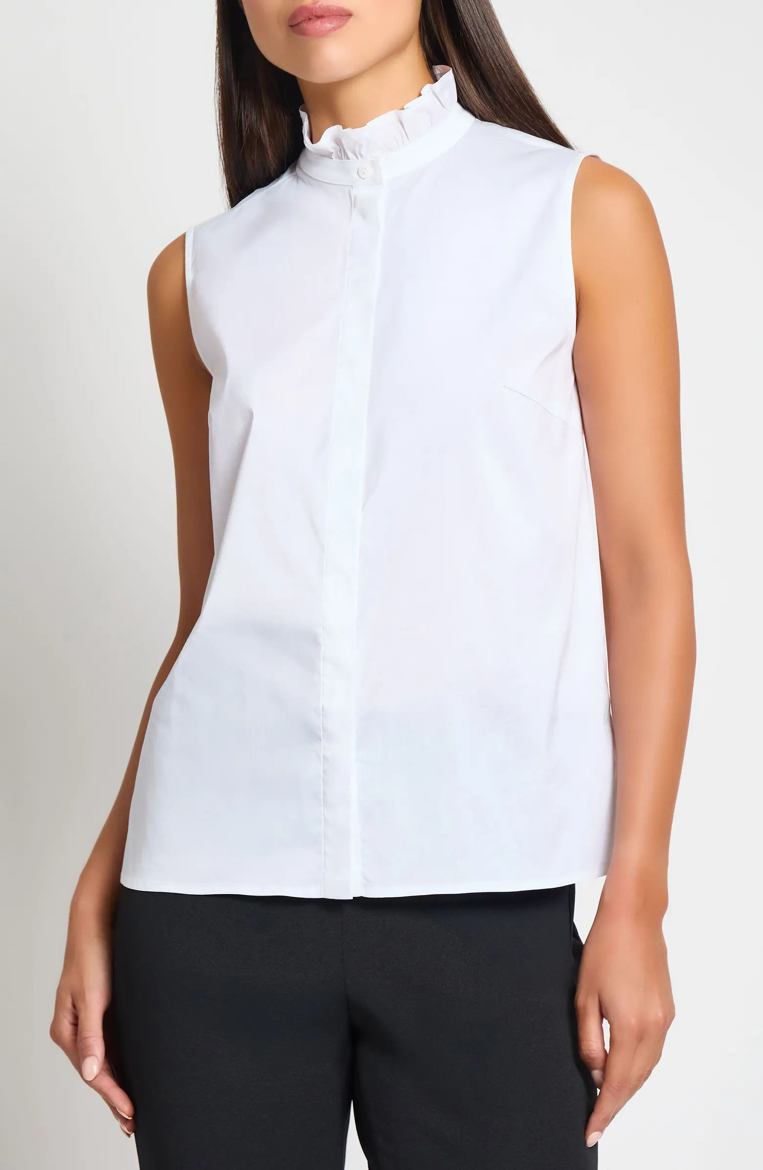 x Tanya Foster Ruffle Neck Stretch Cotton Blend Sleeveless Button-Up Top | Nordstrom