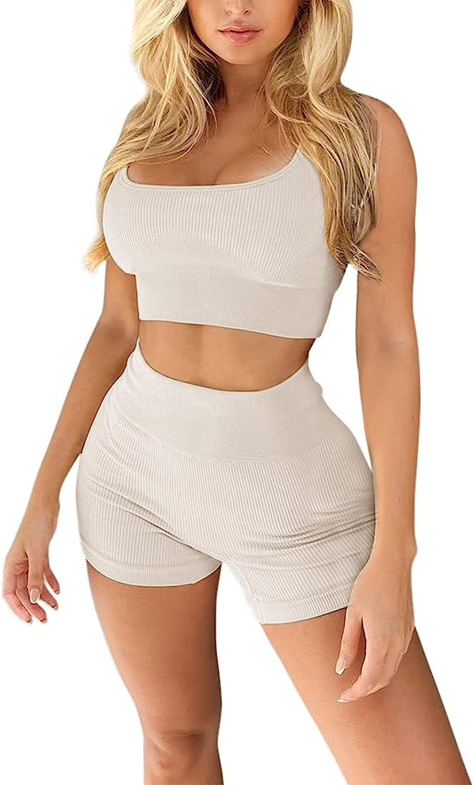 Laspia Workout Set for Women Outfit 2 Piece Seamless Ribbed High Waist Yoga Leggings Shorts with ... | Amazon (CA)