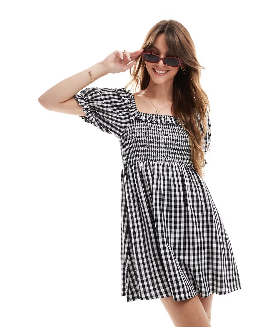 New Look shirred mini dress in black gingham | ASOS (Global)