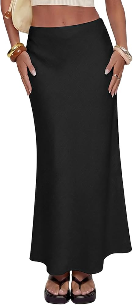 Women's Linen Maxi Skirt Elastic High Waisted White Summer Casual Clothes Long Skirts for Women | Amazon (US)