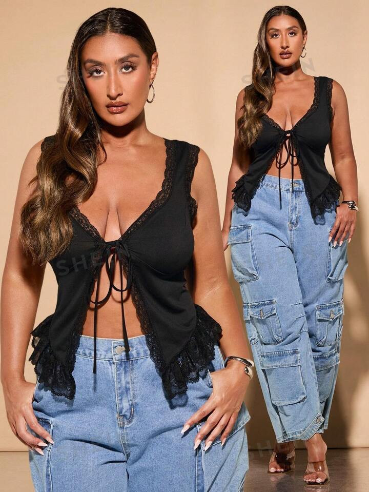 SHEIN BAE Plus Size Women's Contrast Lace Tie Front Dating Daily Tank Top | SHEIN