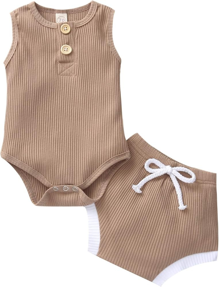 Summer Newborn Baby Boy Girl Clothes Set Ribbed Outfits Unisex Infant Solid Cotton Button Short Slee | Amazon (US)