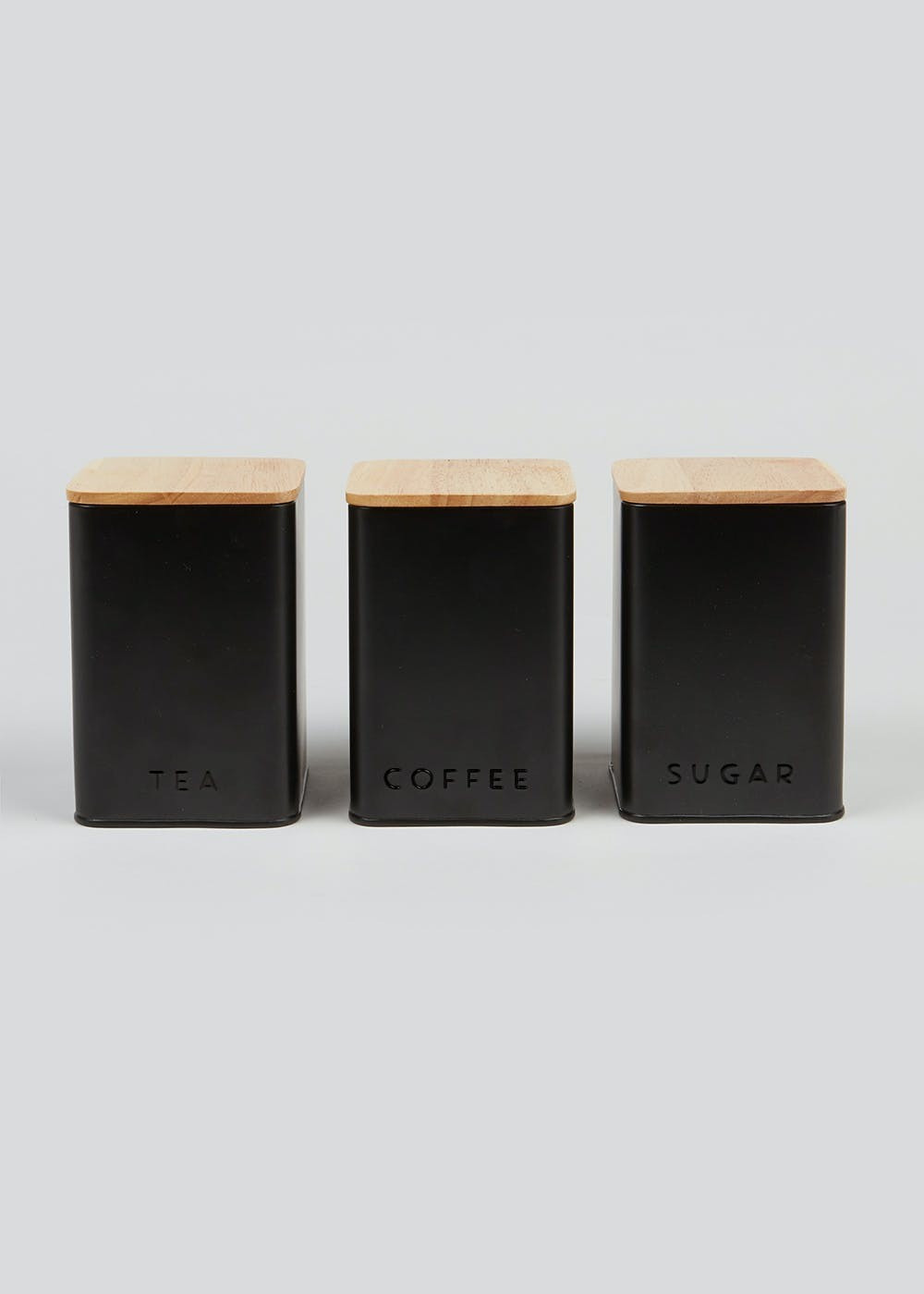 Tea Coffee & Sugar Metal Canisters (13.5cm x 9.5cm x 9.5cm) – Black | Matalan (UK)